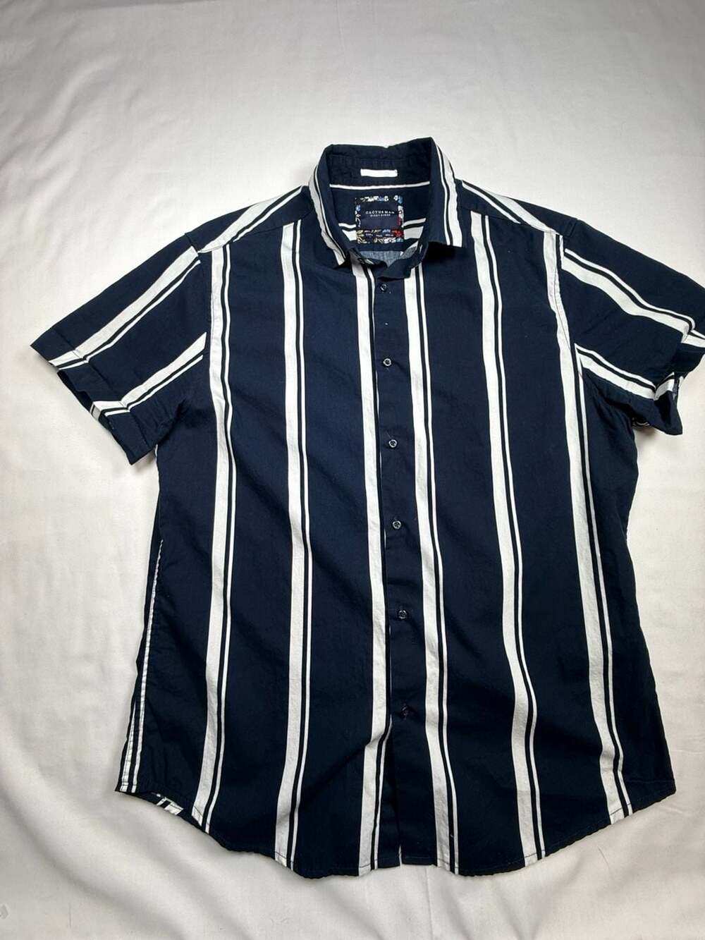 Cactus Man Striped Short Sleeve Button-Up Shirt Navy White Cotton